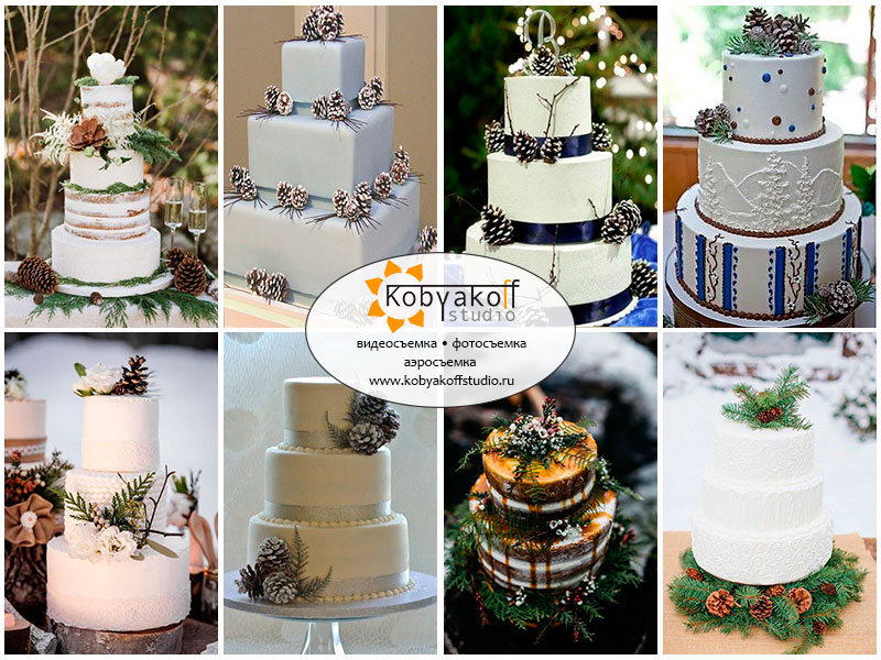 winter cake cones branches, свадебный зимний торт с ветками и шишками
